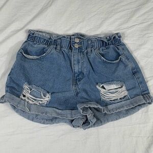 Forever 21 Women Blue Elastic Waist Distressed Cut Off Denim Shorts M